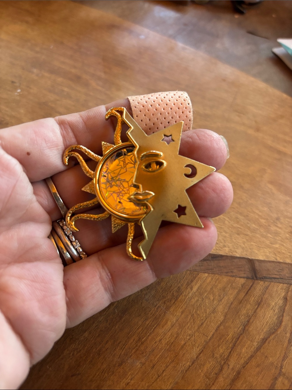 Vintage Gold Sun and Star Pin with Amber Accent